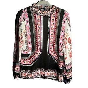 Halife Black and Pink Print High Neck Long Sleeve Blouse Size Small